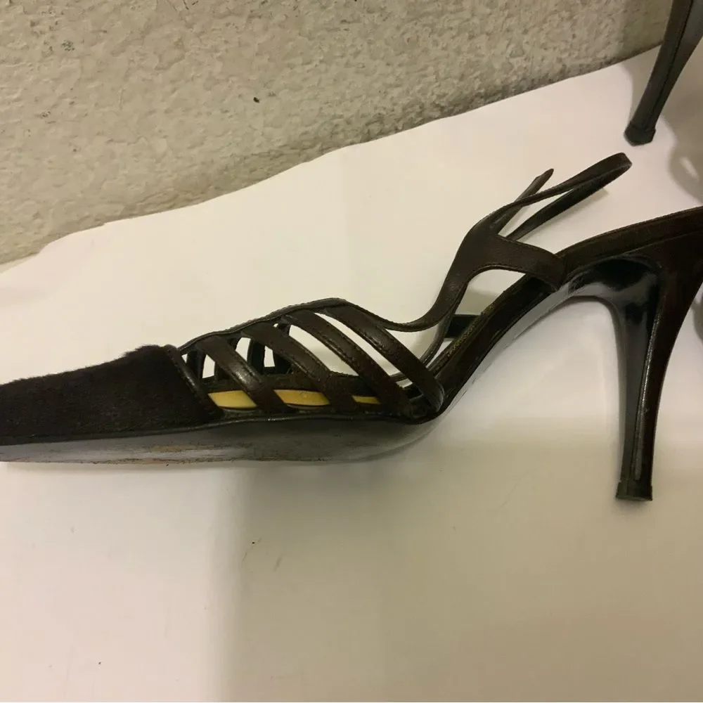 Fendi cage  hair calf Pointed Toe Slingback Pump Kitten Heel Size 6.5